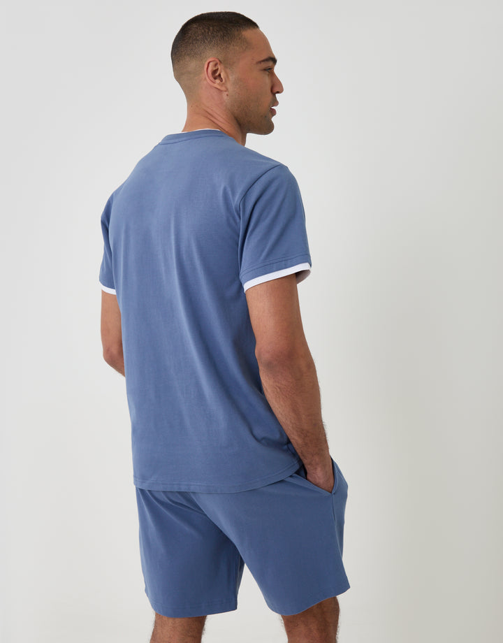 Threadbare Cotton Mock Layer Short Pyjama Set in Denim Blue - back view