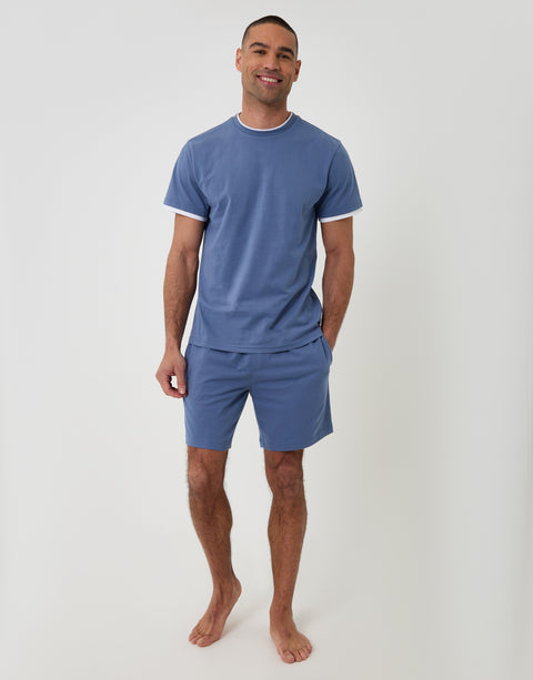 Threadbare Cotton Mock Layer Short Pyjama Set in Denim Blue - full body
