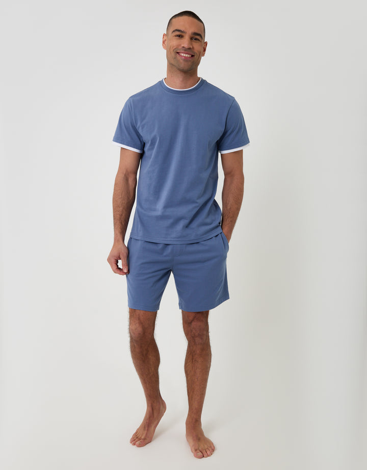 Threadbare Cotton Mock Layer Short Pyjama Set in Denim Blue - full body