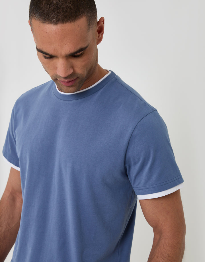 Threadbare Cotton Mock Layer Short Pyjama Set in Denim Blue - close up