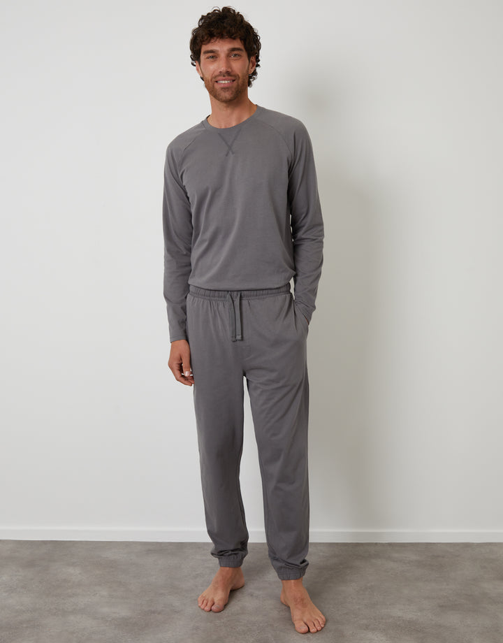 Slate Grey Peached Cotton Long Lounge Set (2-Piece Set)