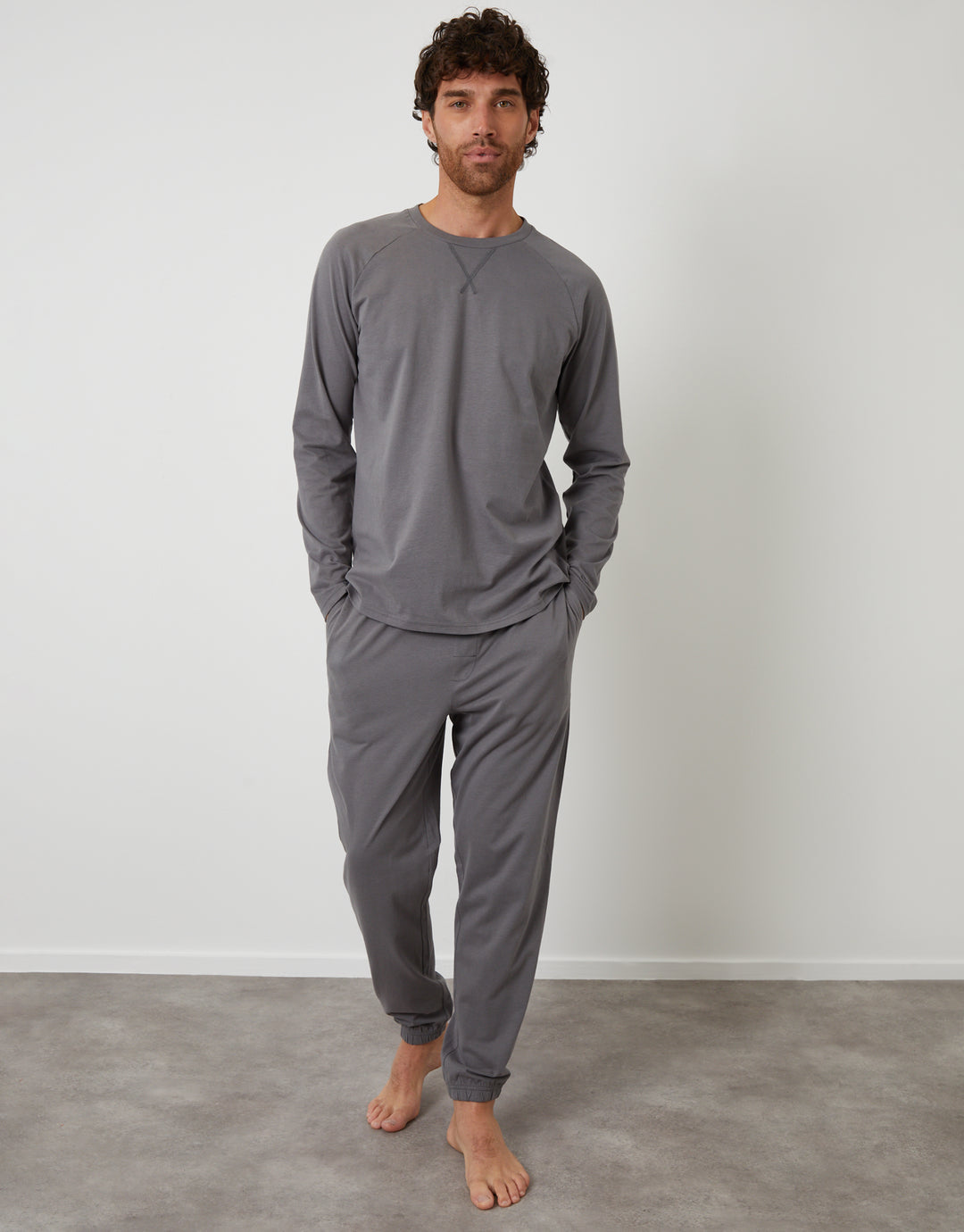 Slate Grey Peached Cotton Long Lounge Set (2-Piece Set)