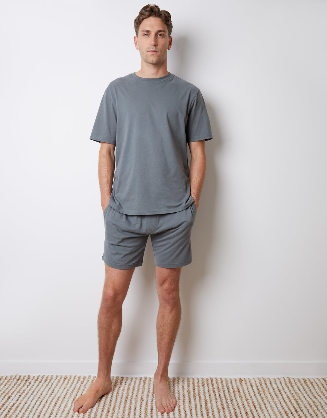 Blue Relaxed Fit Peached Cotton Shortie Lounge Set (2-Piece Set)