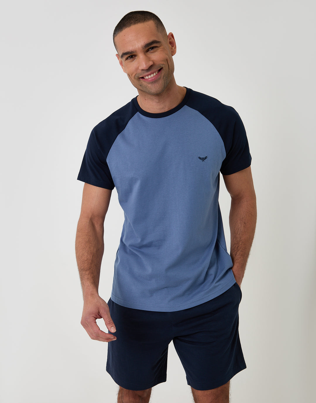 Threadbare Raglan Short Sleeve Top & Shorts Lounge Set in Blue - front view