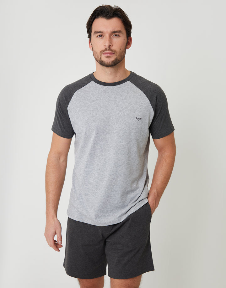 Threadbare Raglan Short Sleeve Top & Shorts Lounge Set in Grey - front view