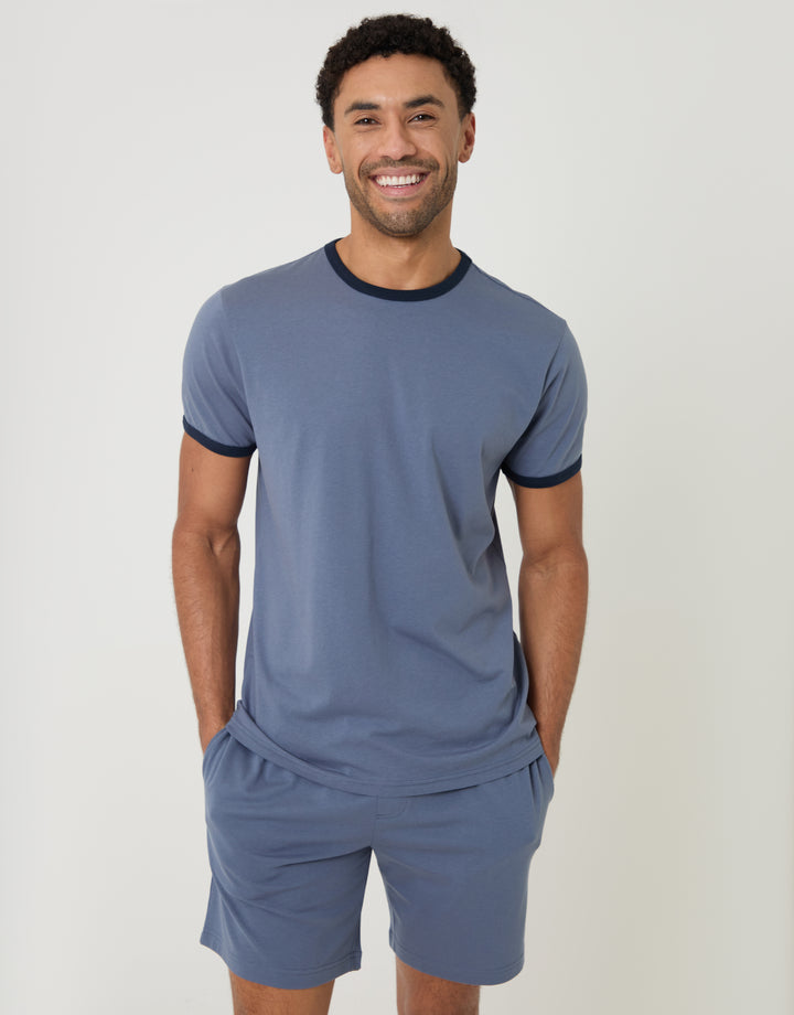 Threadbare Contrast Binding Short Lounge Set in Blue - front view