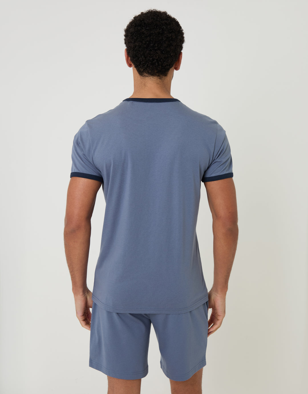 Threadbare Contrast Binding Short Lounge Set in Blue - back view