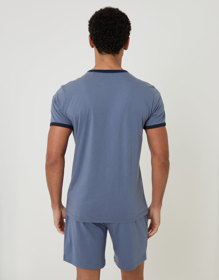 Threadbare Contrast Binding Short Lounge Set in Blue - back view