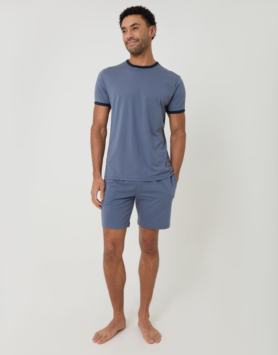 Threadbare Contrast Binding Short Lounge Set in Blue - full body