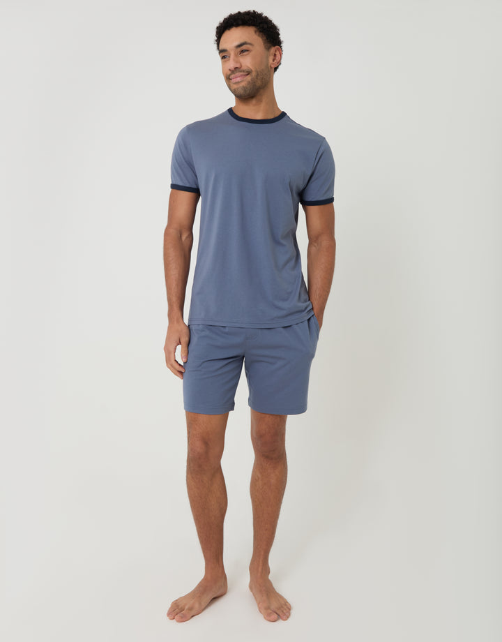 Threadbare Contrast Binding Short Lounge Set in Blue - full body