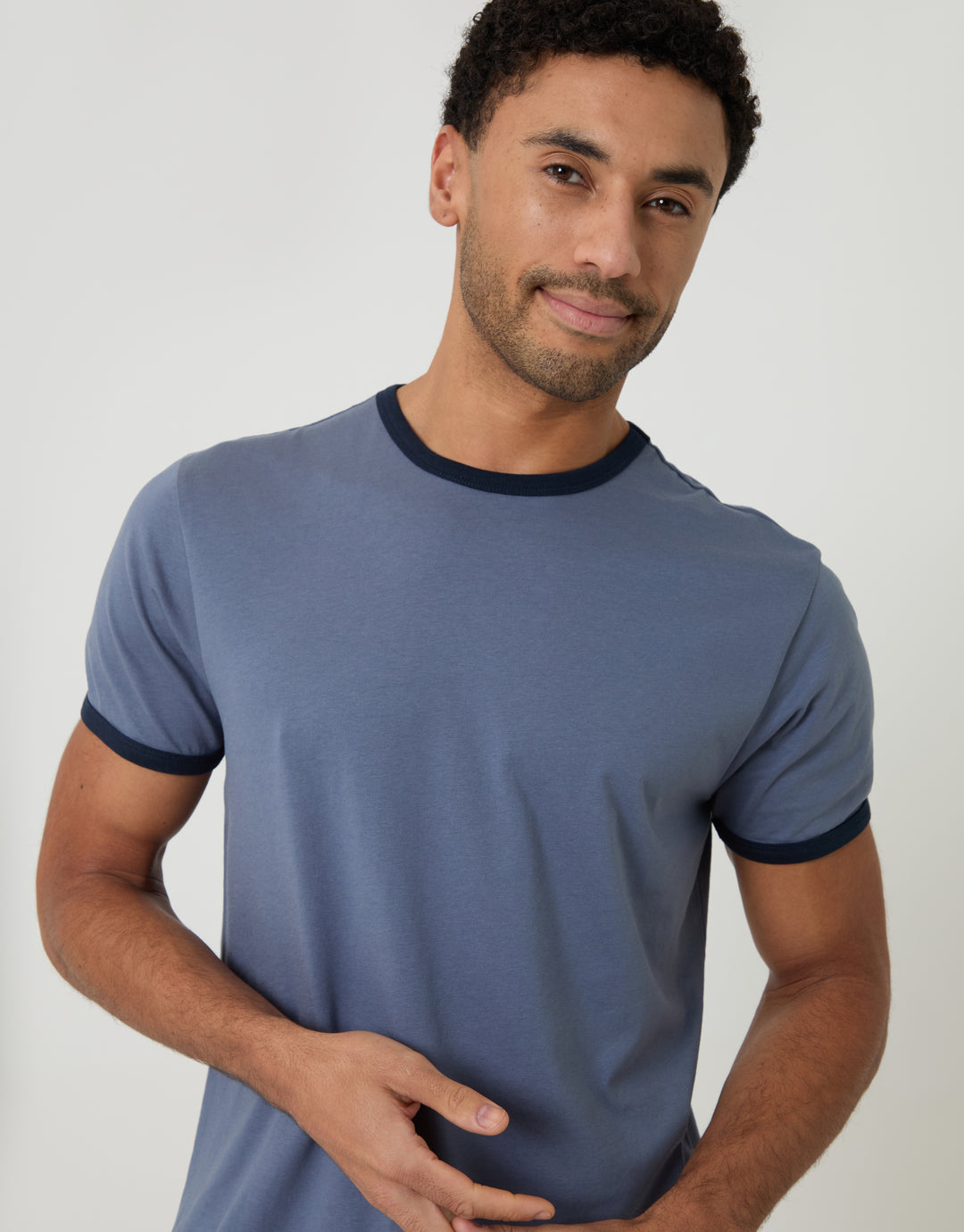 Threadbare Contrast Binding Short Lounge Set in Blue - front view close up