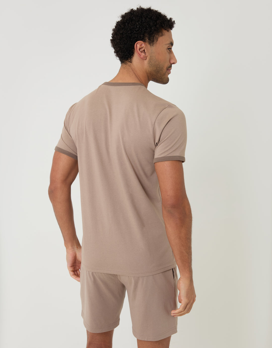 Threadbare Contrast Binding Short Lounge Set in Beige - back view