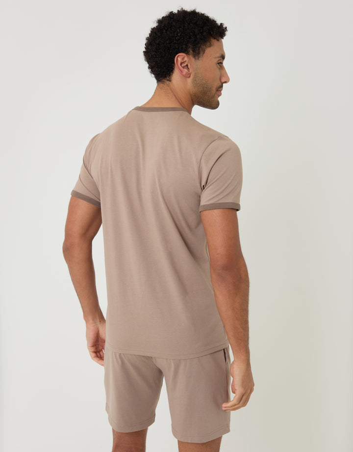 Threadbare Contrast Binding Short Lounge Set in Beige - back view