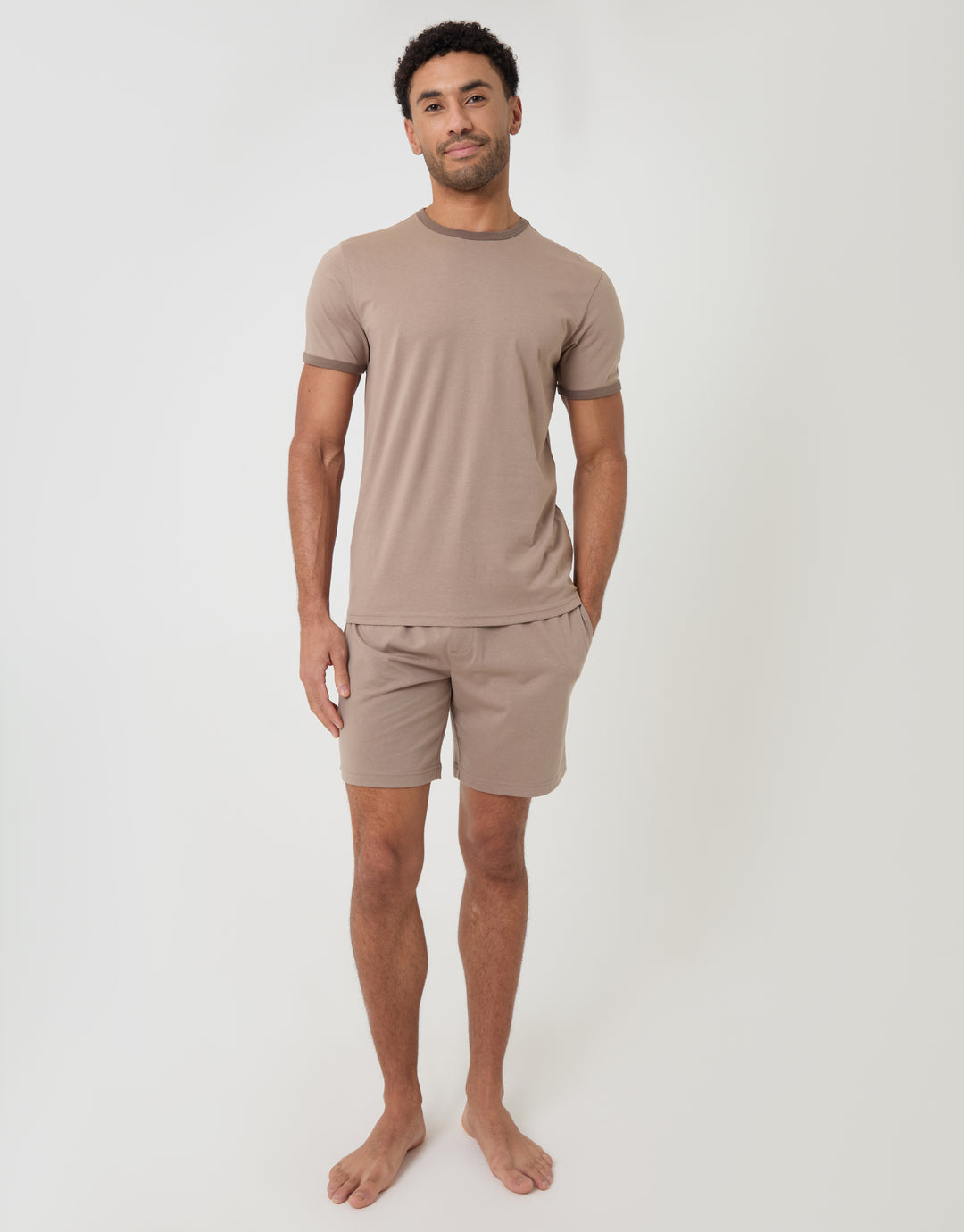 Threadbare Contrast Binding Short Lounge Set in Beige - full body