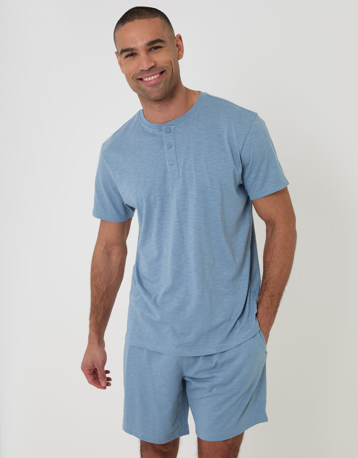 Threadbare Grandad Top & Shorts Pyjama Set in Blue - front view
