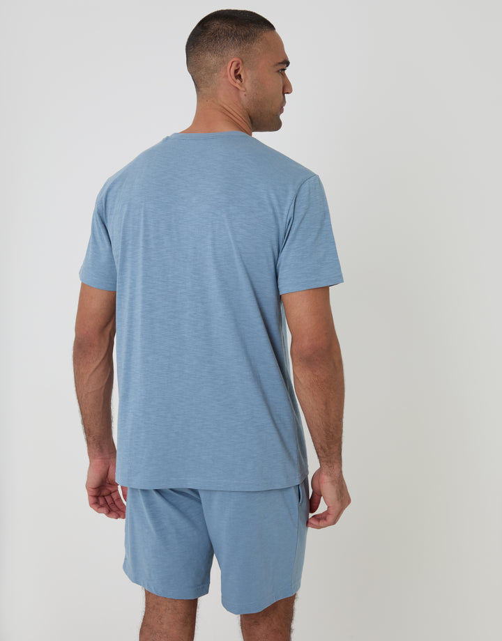 Threadbare Grandad Top & Shorts Pyjama Set in Blue - back view