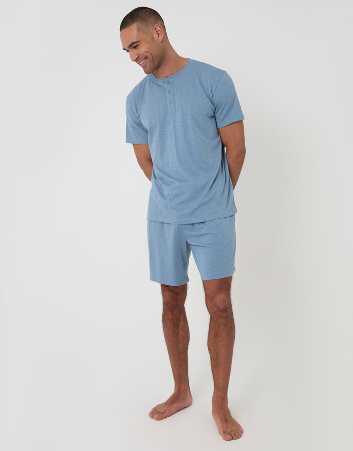 Threadbare Grandad Top & Shorts Pyjama Set in Blue - full body