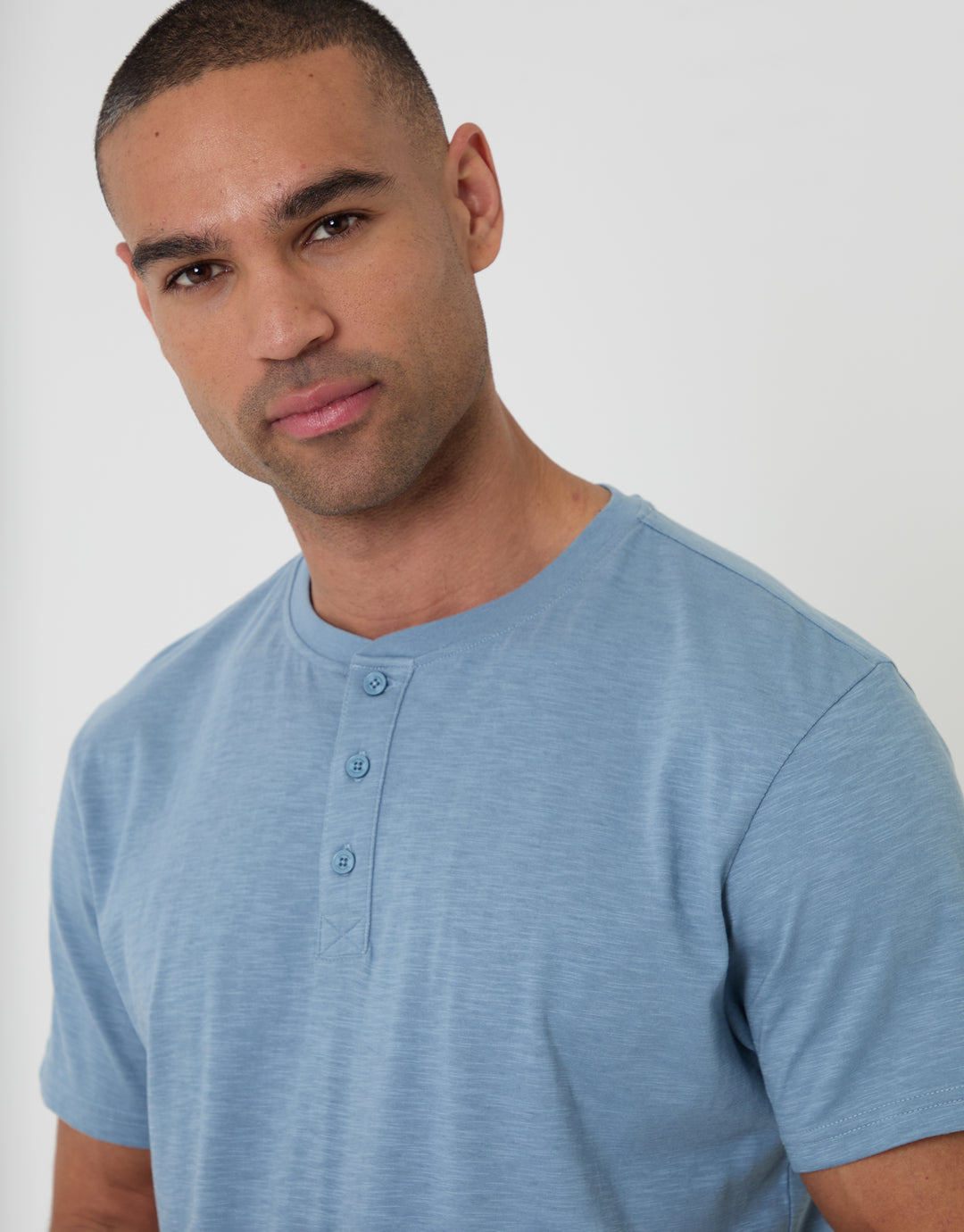 Threadbare Grandad Top & Shorts Pyjama Set in Blue - collar close up