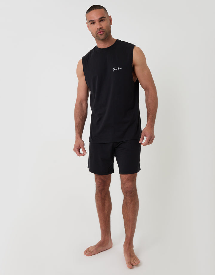 Threadbare Relaxed Fit Sleeveless Short Lounge Set in Black - Full View