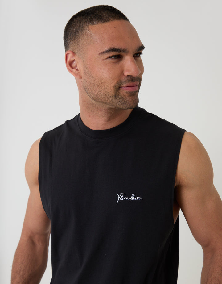 Threadbare Relaxed Fit Sleeveless Short Lounge Set in Black - Close View