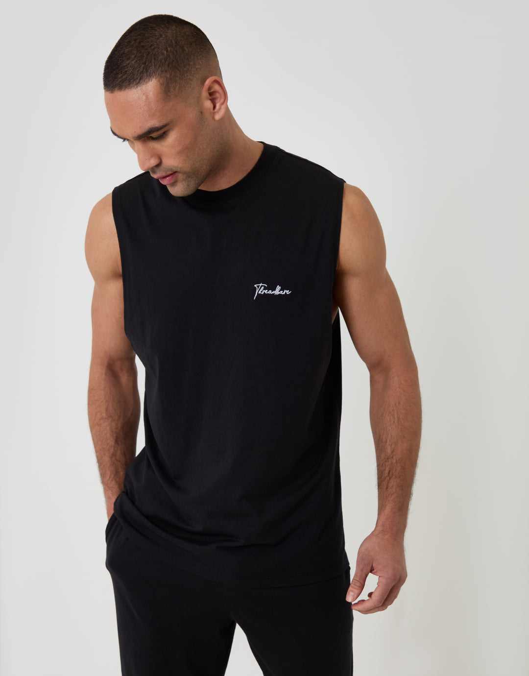 Threadbare Relaxed Fit Sleeveless Lounge Set in Black - front view