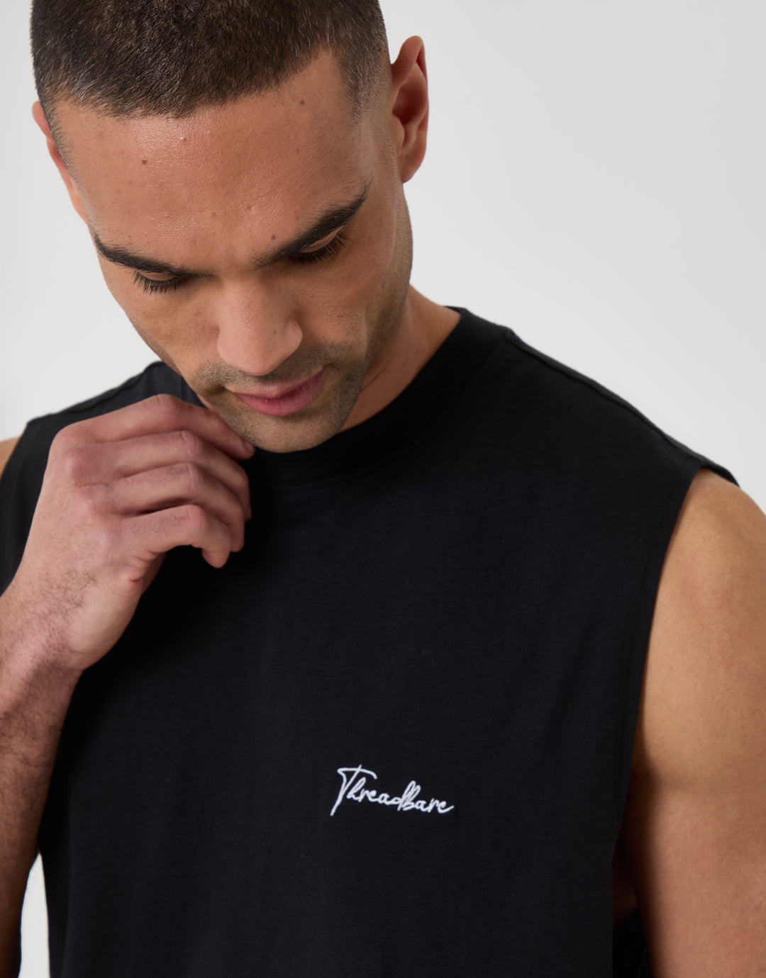 Threadbare Relaxed Fit Sleeveless Lounge Set in Black - neckline close up