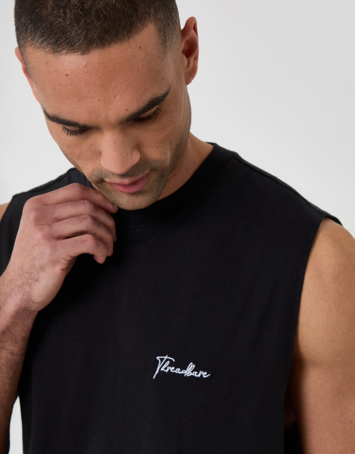 Threadbare Relaxed Fit Sleeveless Lounge Set in Black - neckline close up
