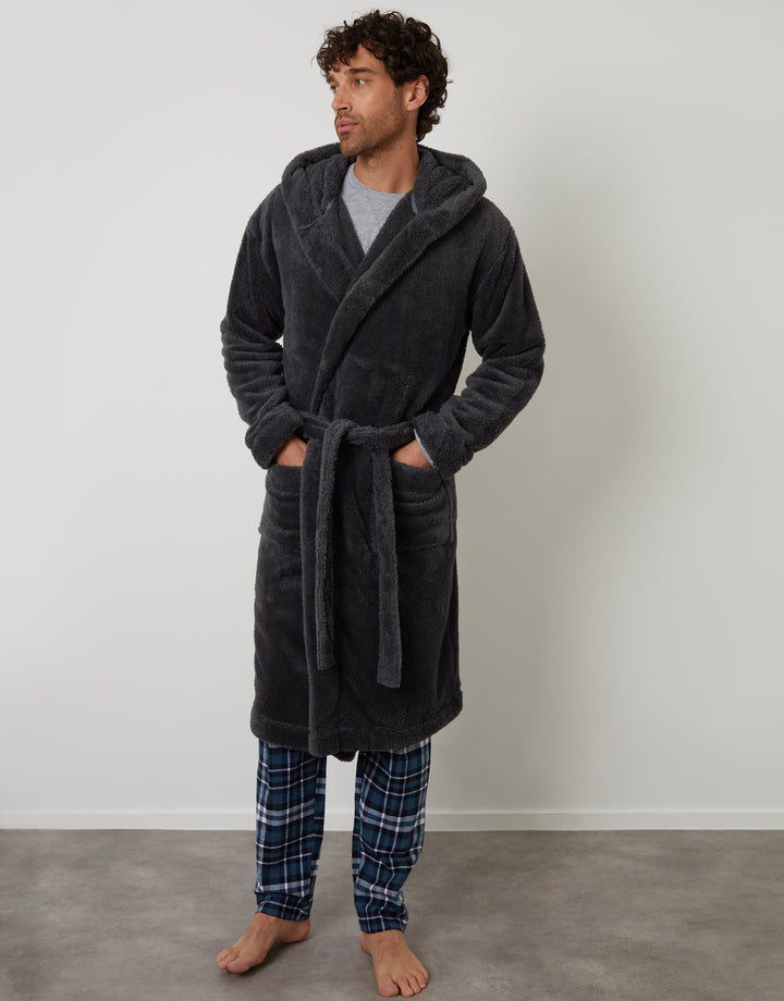 Charcoal Grey Borg Hooded Dressing Gown