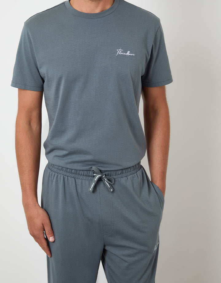 Grey Embroidered Short Sleeve Pyjamas (2-Piece Set)