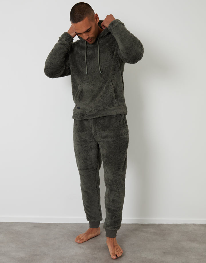 Khaki Green Borg Hoodie Lounge Set (2-Piece Set)