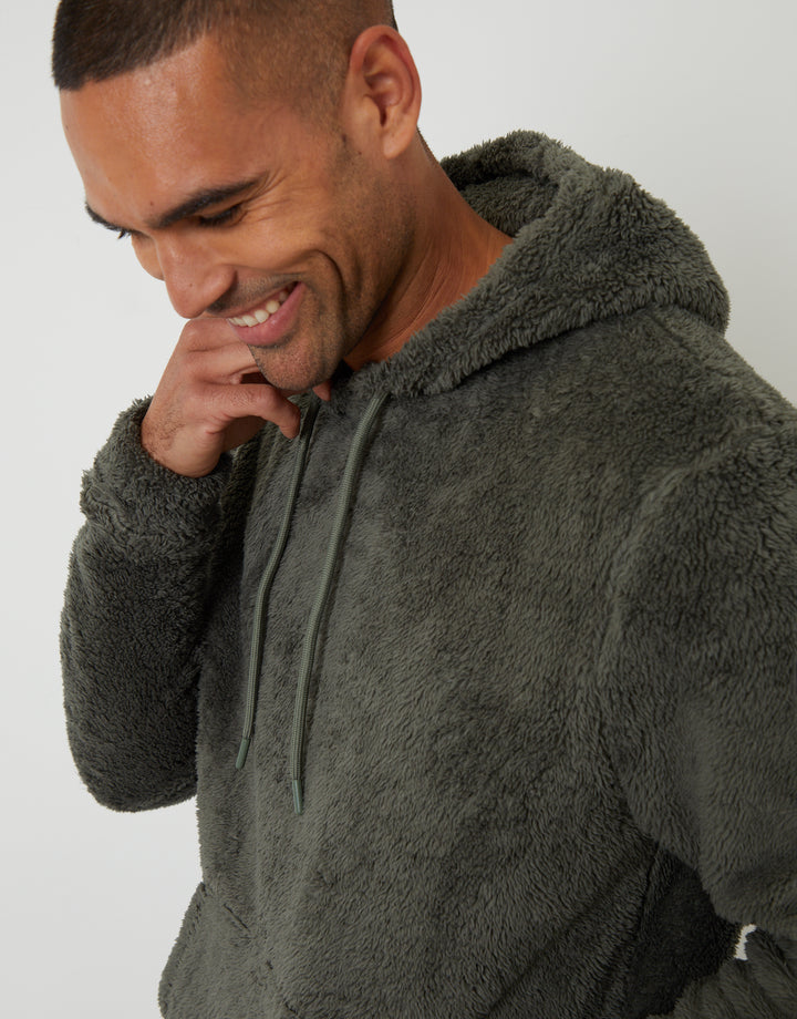 Khaki Green Borg Hoodie Lounge Set (2-Piece Set)