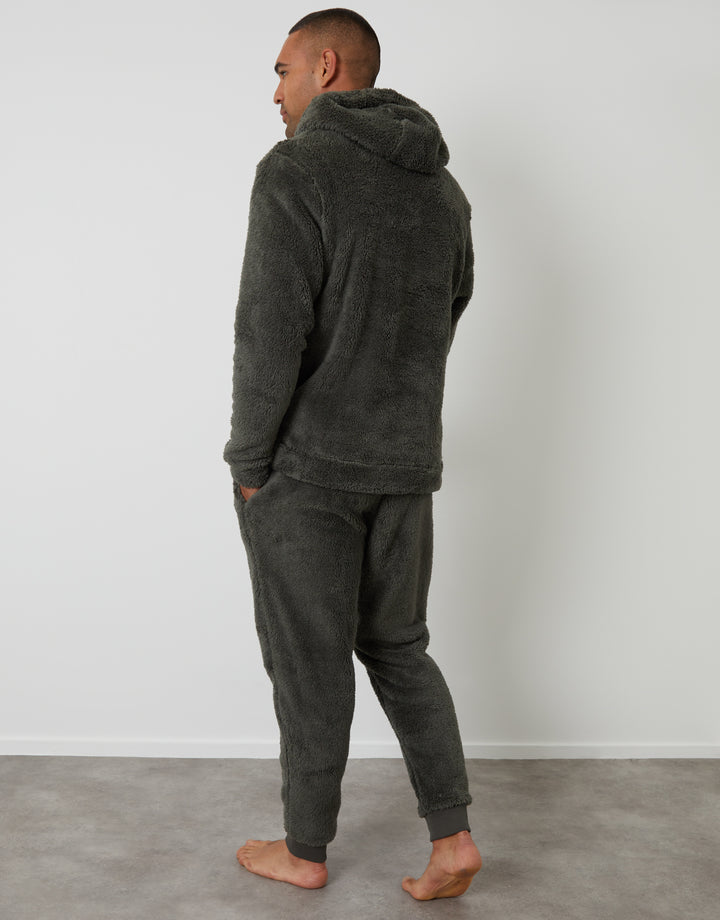 Khaki Green Borg Hoodie Lounge Set (2-Piece Set)