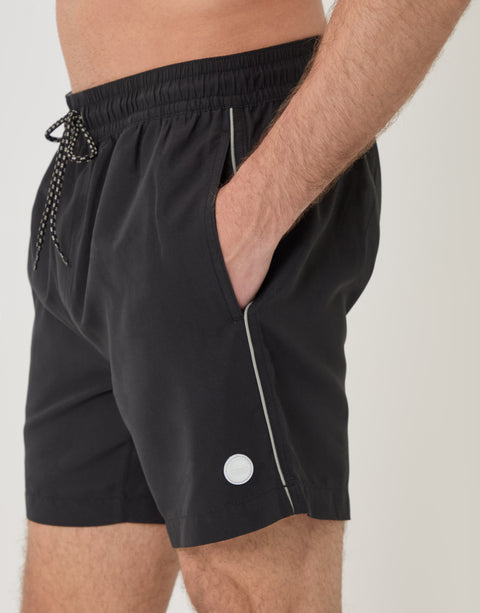 Threadbare Contrast Piping Quick Dry Swim Shorts in Black - close up