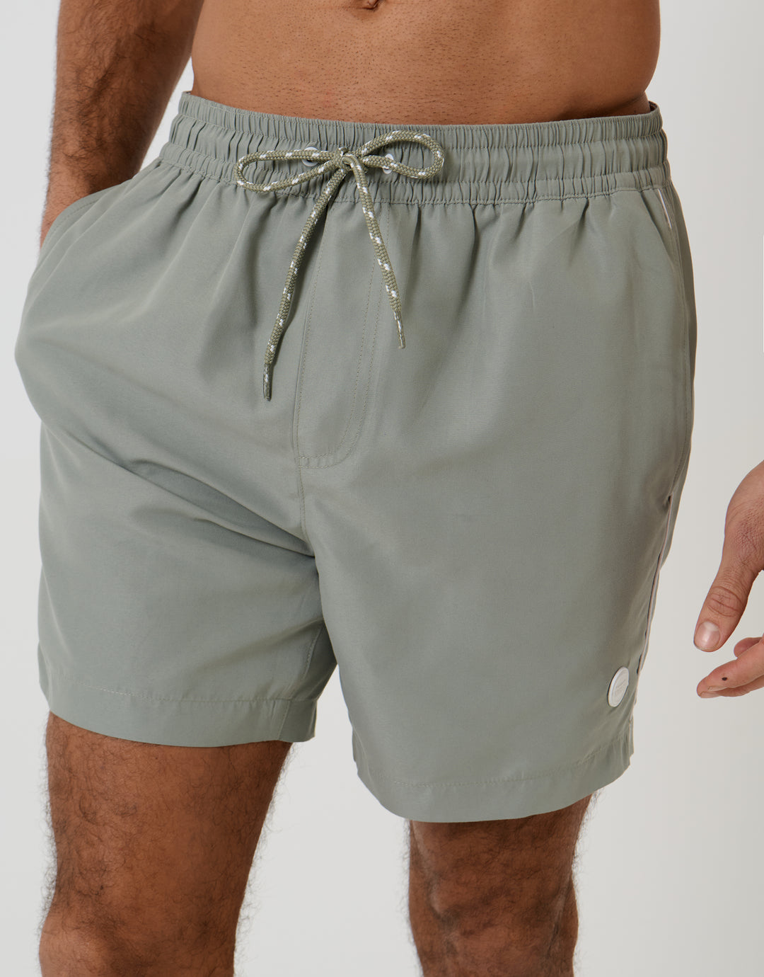 Threadbare Contrast Piping Quick Dry Swim Shorts in Sage Green - front view close up