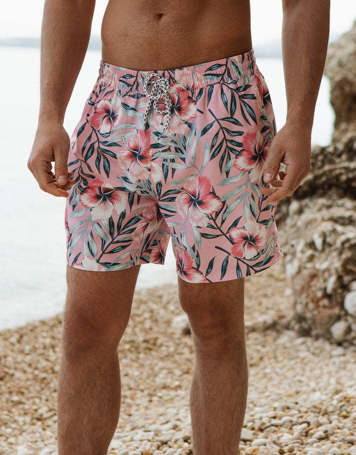 Pink Tropical Floral Print Swim Shorts
