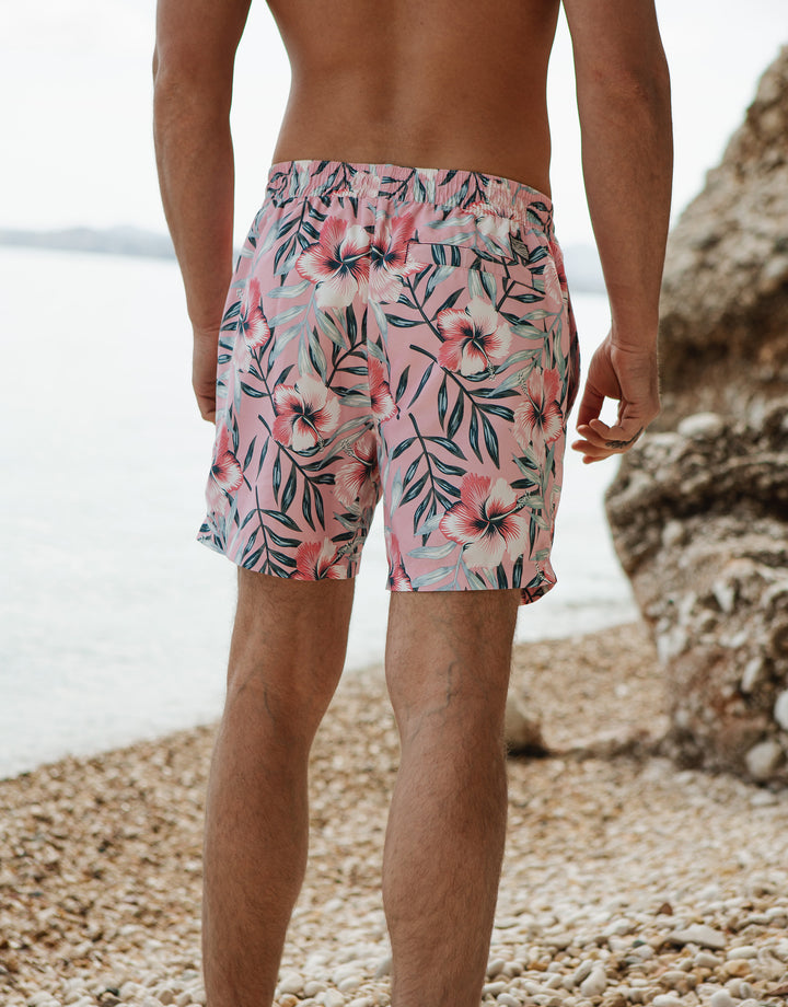 Pink Tropical Floral Print Swim Shorts