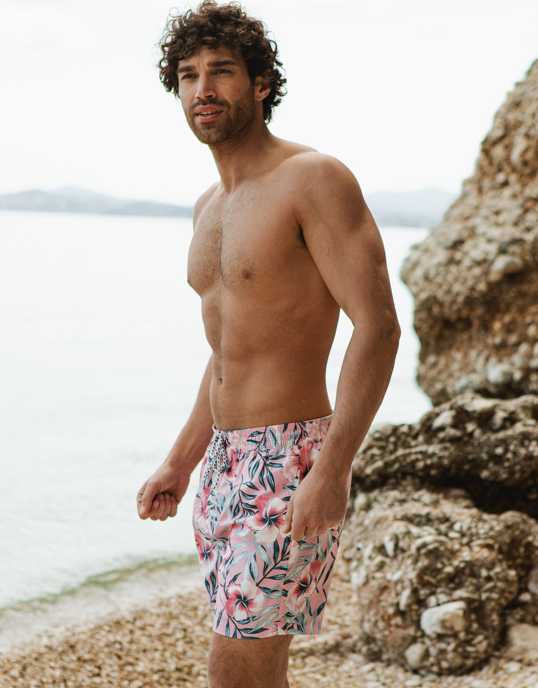 Pink Tropical Floral Print Swim Shorts