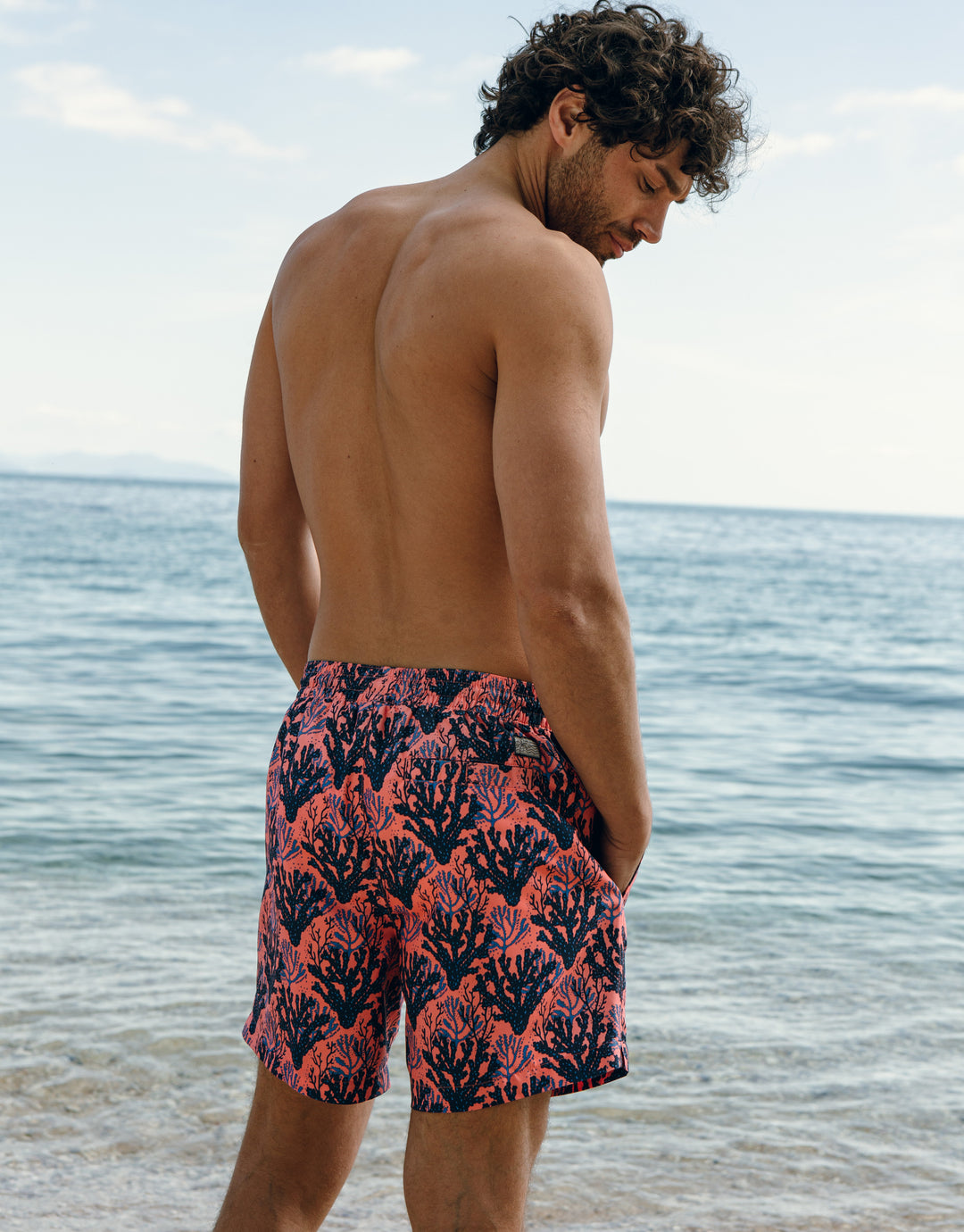 Coral Pink Sea Print Swim Shorts