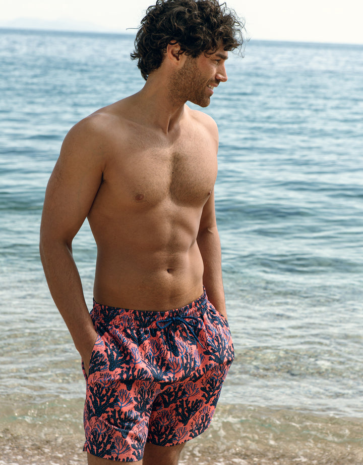 Coral Pink Sea Print Swim Shorts