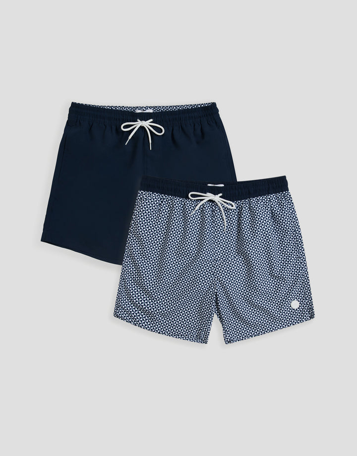 Threadbare 2 Pack Swim Shorts Set in Navy & Geo Print - flat lay