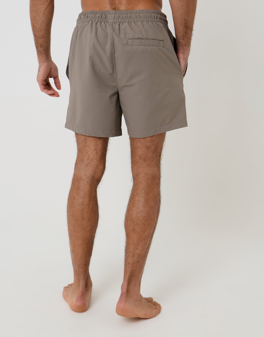 Threadbare Seersucker Swim Shorts in Taupe - back view 