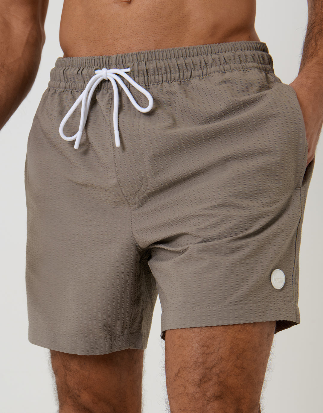 Threadbare Seersucker Swim Shorts in Taupe - front view close up
