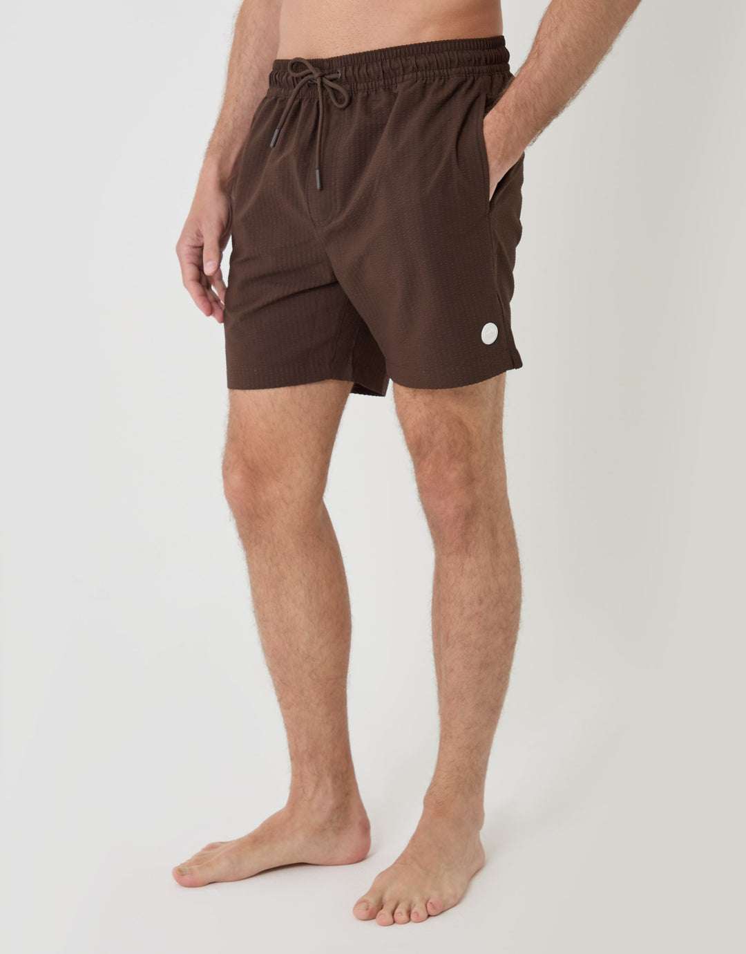 Threadbare Seersucker Swim Shorts in Chocolate Brown Stripe - front view