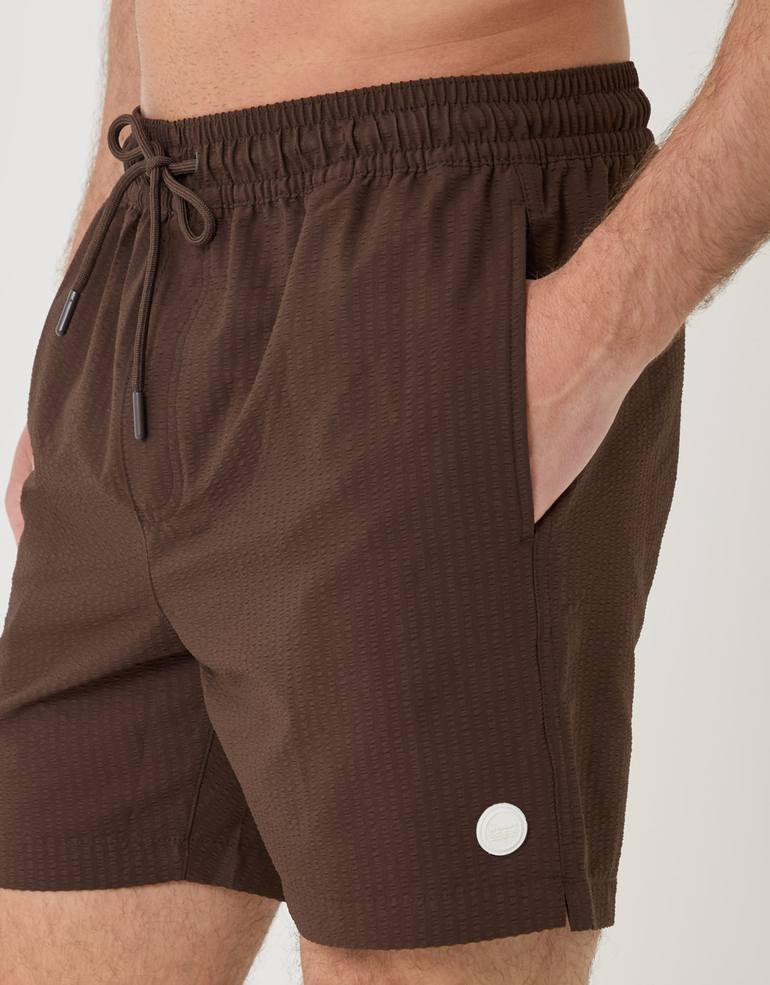 Threadbare Seersucker Swim Shorts in Chocolate Brown Stripe - close up