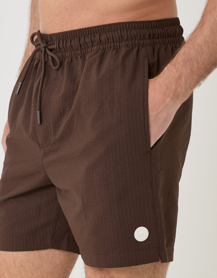 Threadbare Seersucker Swim Shorts in Chocolate Brown Stripe - close up