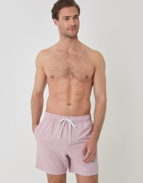 Threadbare Seersucker Swim Shorts in Pink Stripe - full body
