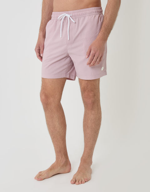 Threadbare Seersucker Swim Shorts in Pink Stripe - front view