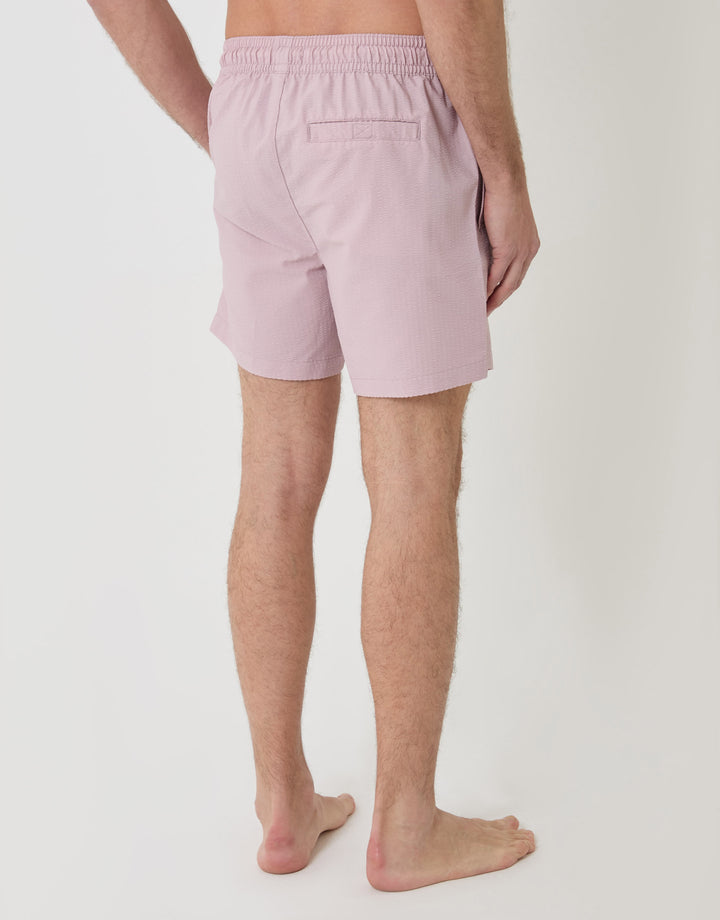 Threadbare Seersucker Swim Shorts in Pink Stripe - back view