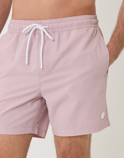Threadbare Seersucker Swim Shorts in Pink Stripe - close up