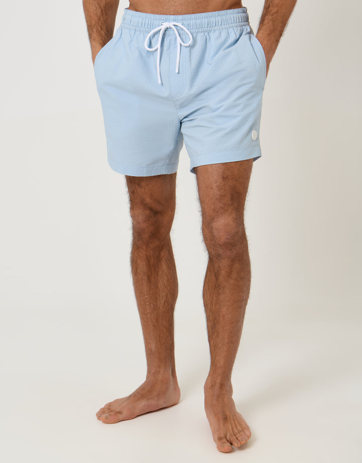 Threadbare Stripe Seersucker Swim Shorts in Light Blue - front view